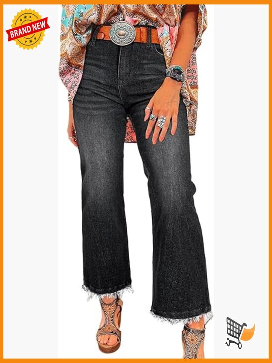 Denim - High Waist Flared Jeans Stretchy Raw Hem Denim Pants